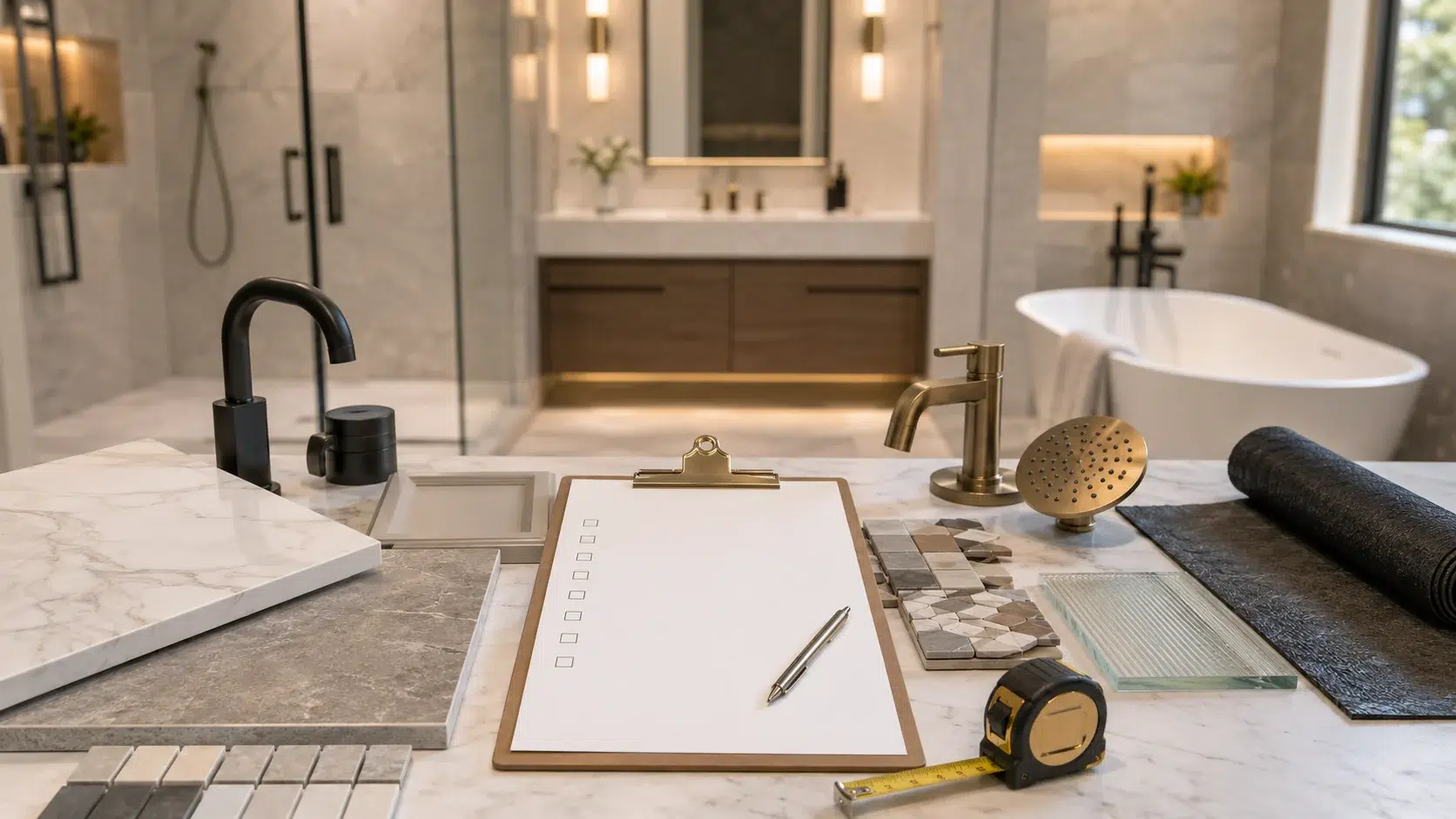Modern renovated bathroom with new tiling and fixtures